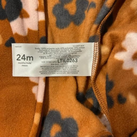 Carter's Girls 24 Months Brown Floral Print Fleece Zip-up Sleep & Play NWT - Picture 7 of 7